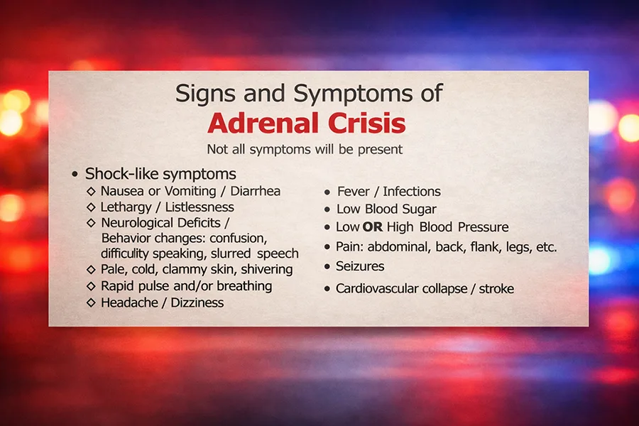 Medical chart listing signs and symptoms of adrenal crisis with emergency background lights.